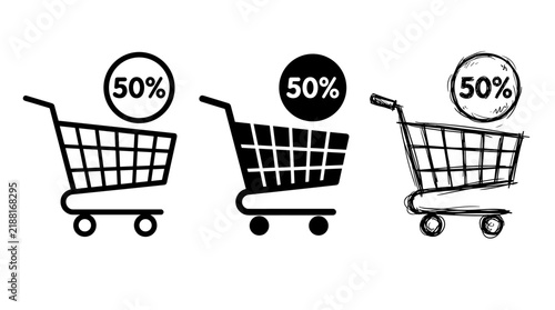 Shopping carts with 50 percent discount icons set