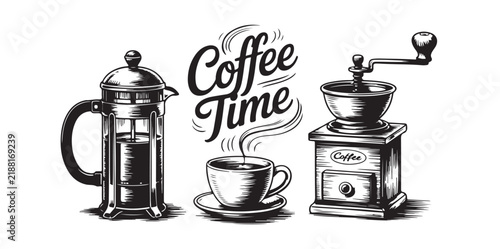 Classic Coffee Time Typography Design with French Press Grinder and Hot Cup on Saucer Vector Illustration
