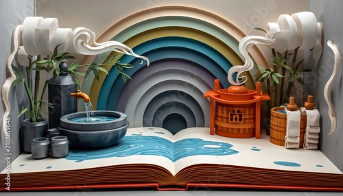 3D paper cut art pop-up book diorama of traditional Japanese hot spring onsen with steam smoke bamboo spout and retro pop art background