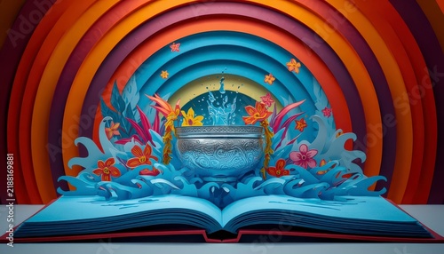 3D paper cut art pop-up book diorama of Thai Songkran festival with carved silver bowl splash water waves and retro pop art background