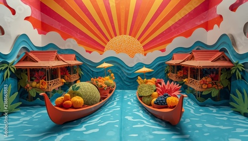 3D paper cut art pop-up book diorama of Thai Damnoen Saduak floating market with fruit boats traditional wooden houses and retro sunburst background