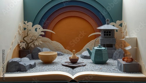 3D paper cut art pop-up book diorama of Japanese tea ceremony set with matcha whisk teapot and stone lantern in zen garden background