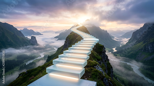 Glowing glass staircase ascends towards golden sunset light atop a jagged mountain peak during peaceful morning