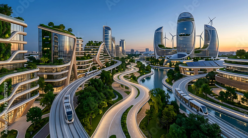 Futuristic sustainable metropolis featuring curved glass skyscrapers with lush greenery and winding elevated transit train systems