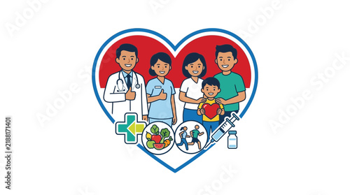 Family Health and Wellness Flat Illustration with Medical Professionals