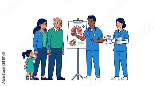 Medical professional explaining respiratory health to a diverse family