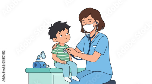 Pediatrician examining a child with a stethoscope illustration