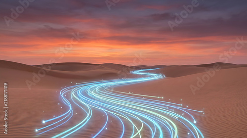 Glowing neon blue light trails flowing across vast sand dunes under a vibrant sunset colored sky