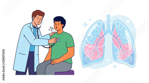 Doctor Examining Patient Lungs with Stethoscope Flat Illustration