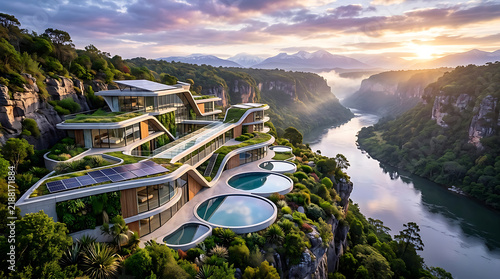 Modern luxury mansion featuring green roofs, cascading infinity pools, and expansive solar panels on cliff edges