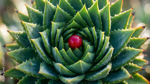 Vibrant green succulent rosette featuring a polished red berry centered within its sharp geometric leaves