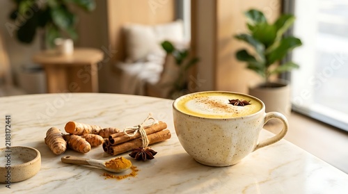 Golden turmeric milk latte with cinnamon sticks and turmeric root
