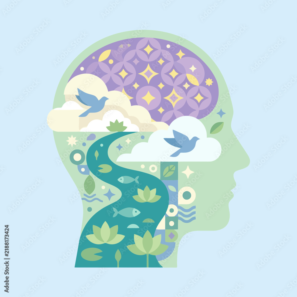 Fototapeta premium A stylized human head profile showing a peaceful inner landscape