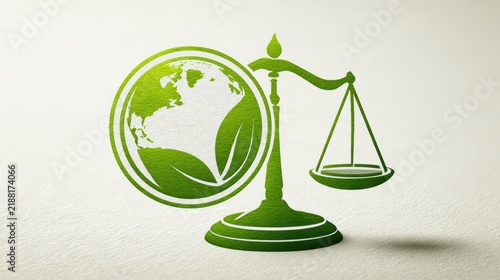 A green scale balancing the Earth with a leaf, symbolizing environmental justice and ecological balance.