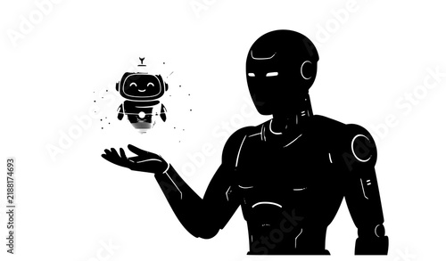 Humanoid AI assistant robot holding cute holographic digital bot vector illustration