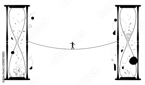 Surreal man walking tightrope between giant hourglasses time balance vector art