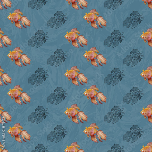 Seamless pattern featuring cute golden crown fish on a textured blue marble background. Perfect for nautical nursery decor, wallpaper, summer apparel, children's textiles, and ocean gift wrap design.