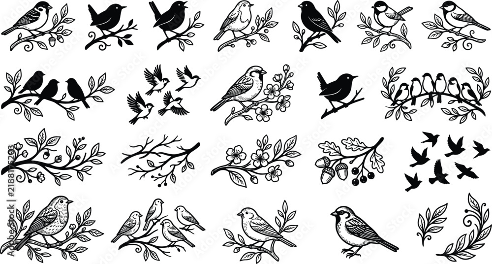 Fototapeta premium Vintage black and white linocut vector icon collection featuring garden songbirds perched on botanical tree branches and flying in groupsVintage 