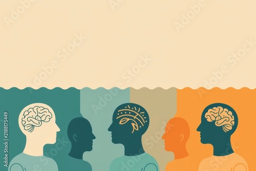 Silhouettes of human heads with brain illustrations in profile