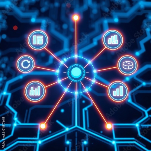 Modern network hub with data icons
