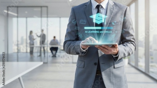 Businessman using holographic tablet outdoors