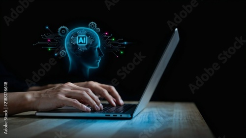 Person typing on laptop with ai brain hologram