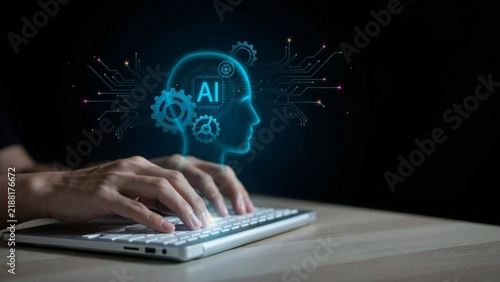 Person typing on laptop with ai hologram display