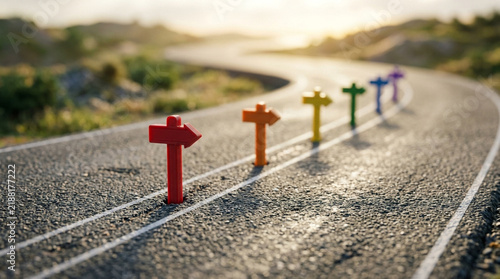 Colorful directional signs on winding asphalt road, symbolizing choices and future.