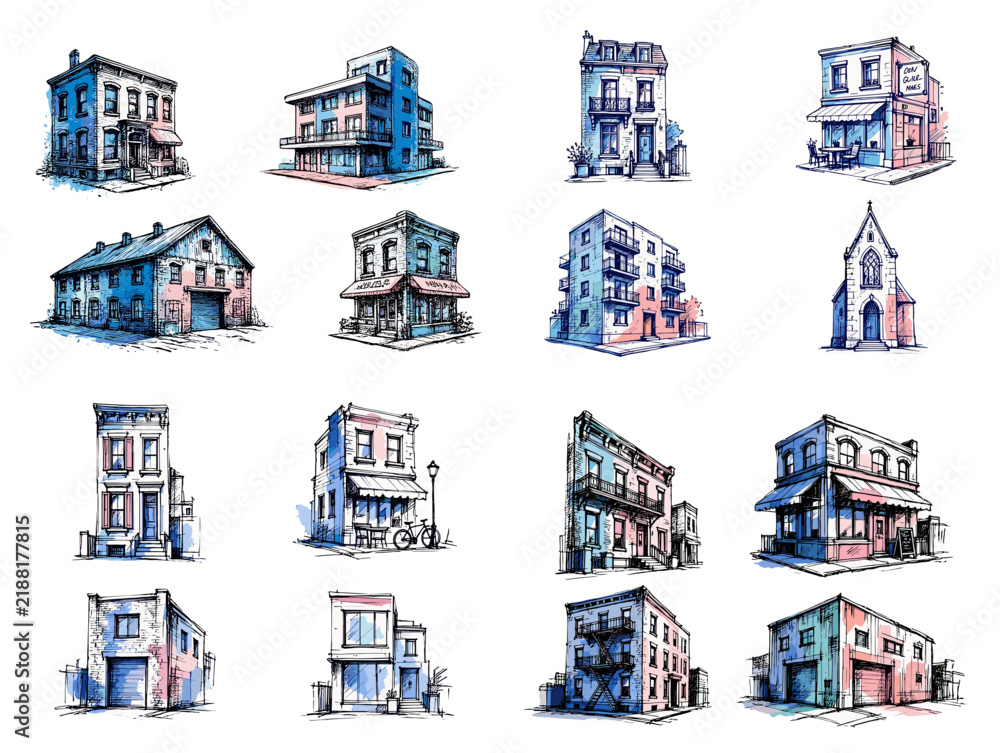 Fototapeta premium Various hand-drawn buildings in colorful artistic style 