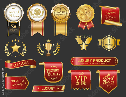 Award. Gold award laurel wreaths, crowns and trophies symbols,  Trophy retro laurel wreath collection, Golden award winner emblems design 