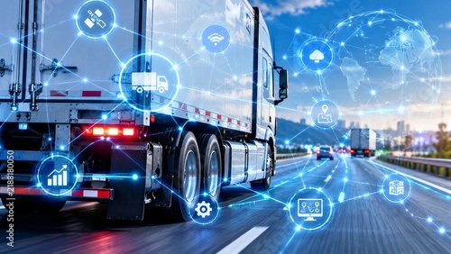 Rear view of a white semi-truck on a highway, featuring glowing plexus network graphics for smart logistics and fleet management.