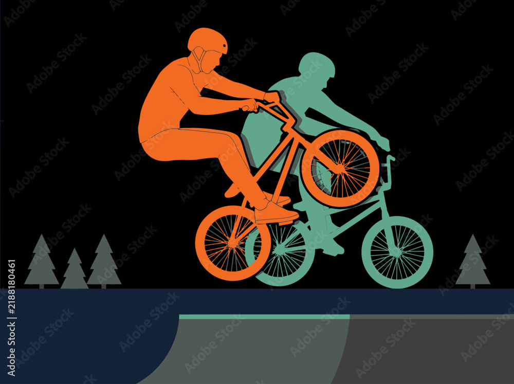 Obraz premium Stylized BMX rider illustration featuring overlapping orange and teal silhouettes performing a jump stunt in a skatepark.
