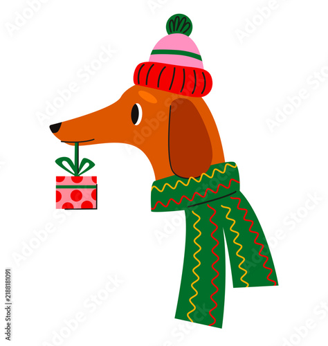 Dachshund Wearing Winter Hat and Scarf Holding Christmas Gift