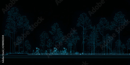 Architectural sketches, a minimalist CAD linear drawing for a tree, side profile, set of sectional views, outline of a wetland forest for landscape design. Separate vector elements for each detail
