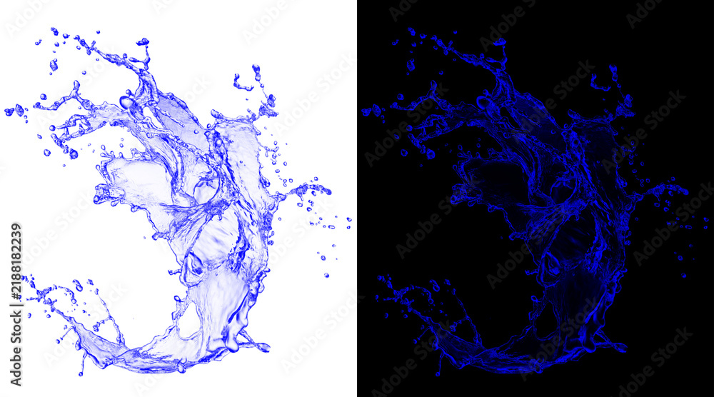 Obraz premium Dynamic blue water splash illustration, liquid wave with droplets on white and black background, fresh splashing water burst for beverage ads
