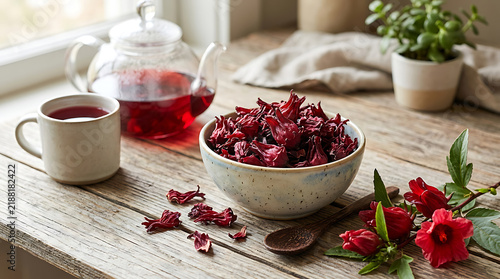 Dried hibiscus flowers in a bowl with a glass teapot and teacup on a rustic wooden table hibiscus infusion beverage botanical steeping antioxidant
