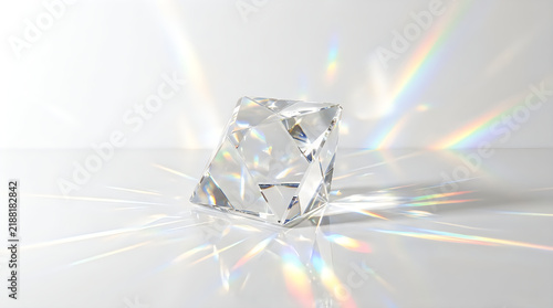 Clear diamond crystal gemstone with bright light reflections and rainbow light rays on a smooth surface