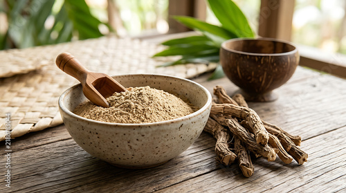 Bowl of valerian root powder with dried herb roots and scoop on wooden table valerian supplement medicine alternative wellness botanical holistic