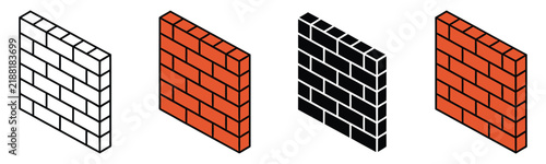 Brick wall icon set in 3D isometric perspective featuring red masonry, black silhouette, and line art outline styles for construction security firewall concept vector illustration isolated on white ba