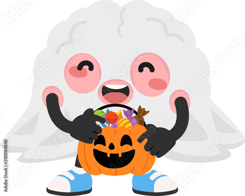 Halloween trick or treat ghost holding pumpkin candy basket