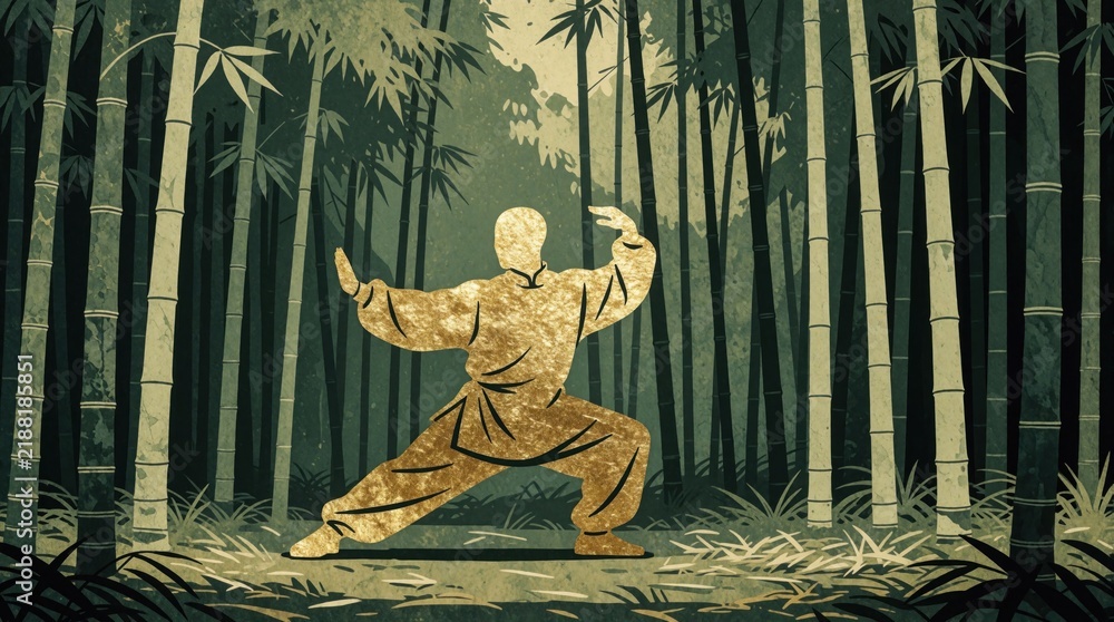 Obraz premium Golden martial arts figure meditates in dense bamboo forest. Man performs slow movement exercise among tall green bamboo stalks. Peaceful nature scene with light filtering through leaves.