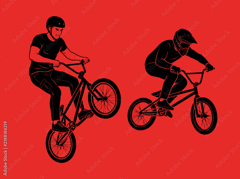 Fototapeta premium Two BMX Riders Performing Stunts on Solid Red Background Vector Illustration