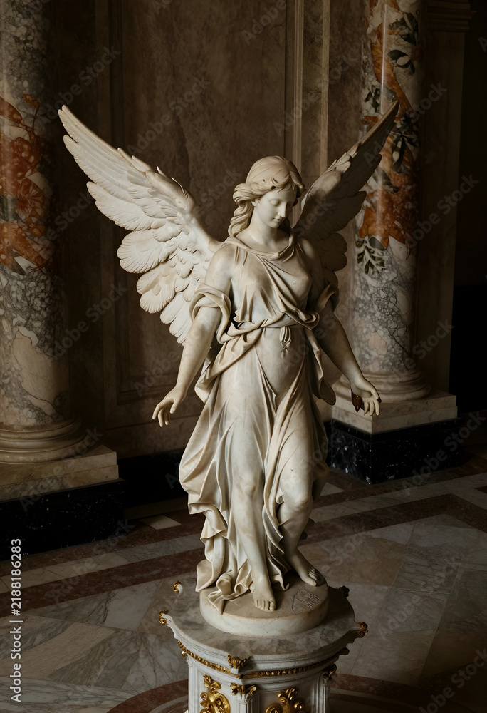 Fototapeta premium Spirituality and divine grace, marble angel statue with wings in a classical museum interior for religious art and historical heritage architecture