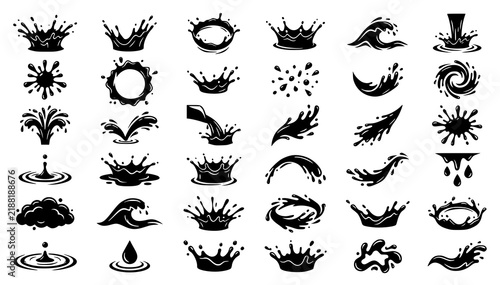 Black Water Splash Liquid Burst Isolated Vector Illustration Set