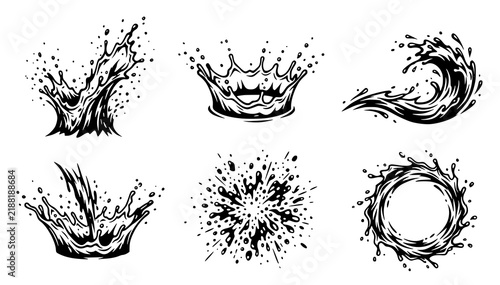 Water Splash Vector Illustration Set Black Isolated on White