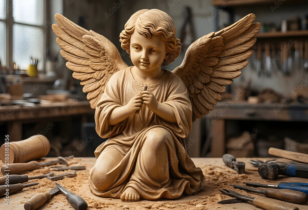 Fototapeta premium Spirituality and craftsmanship, wooden angel sculpture carved by hand in a traditional workshop with artisan tools and wood shavings on a workbench