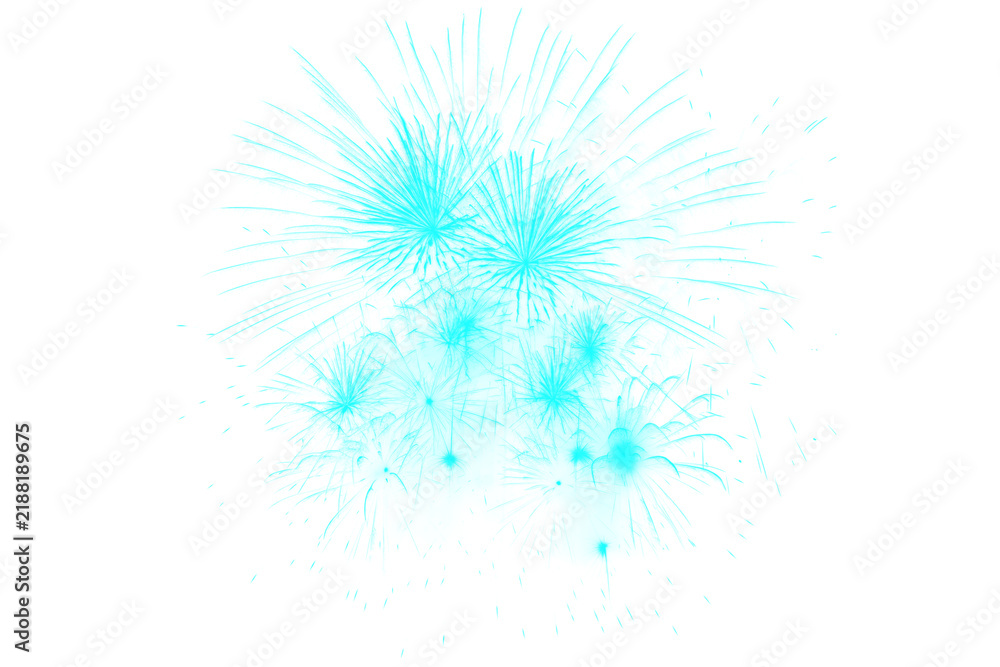 Fototapeta premium Cyan fireworks explosion on white background, bright blue pyrotechnic display, festive celebration burst illustration for holiday events