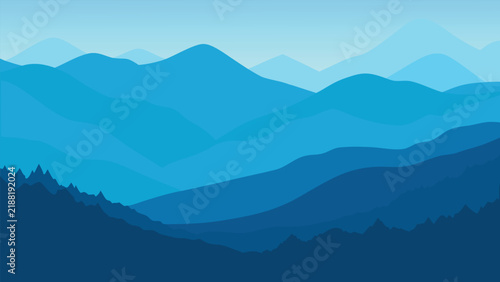 Layered blue mountain range during dawn with forest foreground vector landscape