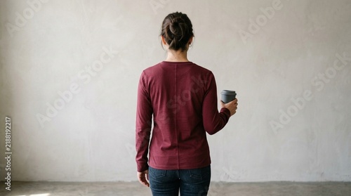 Woman in Maroon Long Sleeve Shirt Holding Coffee Cup Rear View for Website Landing Page, Social Media Ad Banner, Lifestyle Blog Hero Image, and Minimalist Apparel Mockup Background