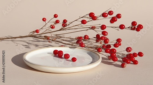 Bright red berries on dried branches beside a small white ceramic plate on a table